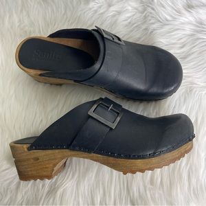 Sanita Black Leather Slip On Wooden Clogs Comfort Shoes Size 35 / 5